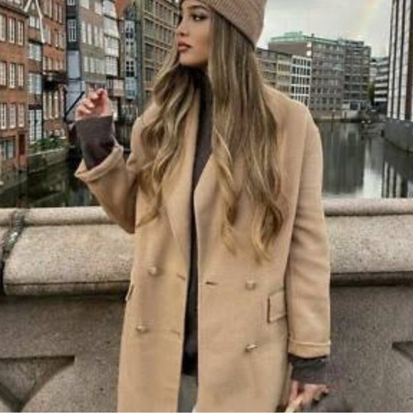 Zara Wool Blend Double Breasted Fitted Coat in Camel Medium NWT - Picture 3 of 16